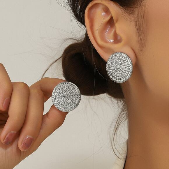 Clip on 1" textured silver thin round button style earrings - Picture 3 of 4